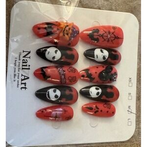 Halloween Red‎ And Black Almond Press On Nails With Charm